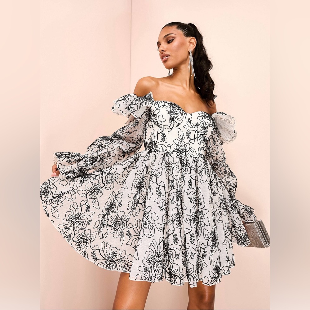 ASOS LUXE organza off shoulder skater mini dress with mono floral embroidery